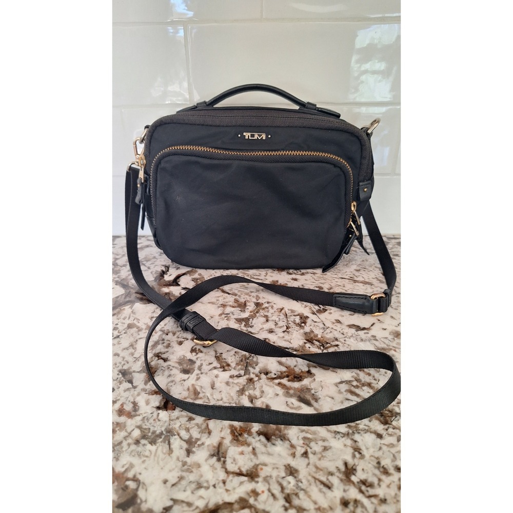TUMI Voyageur Troy Crossbody Bag Black Nylon Gold Hardware Travel Handbag